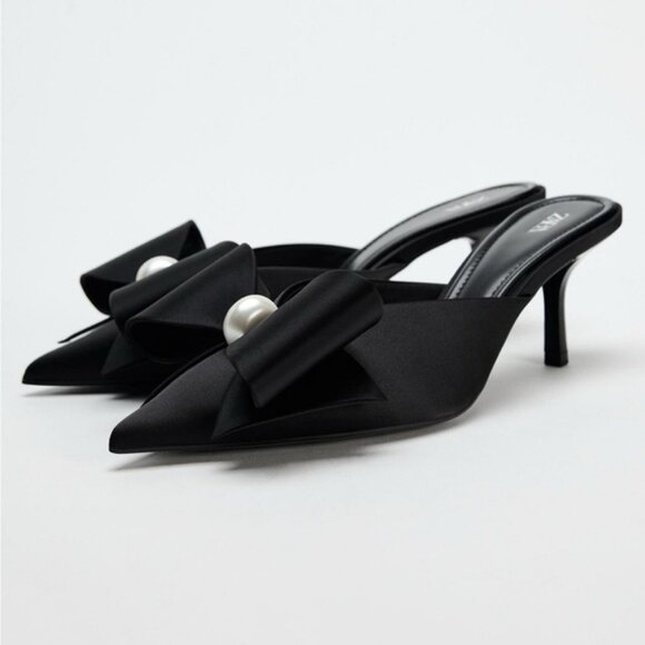 ZARA FAUX PEARL BOW HEELED MULES - Picture 1 of 6